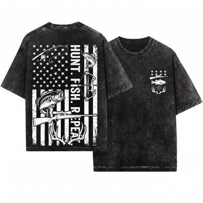 Mens Hunting Fishing USA Flag Camo Outdoor Graphic American Patriotic Angler Wilderness Gift Unisex Wash T-Shirt
