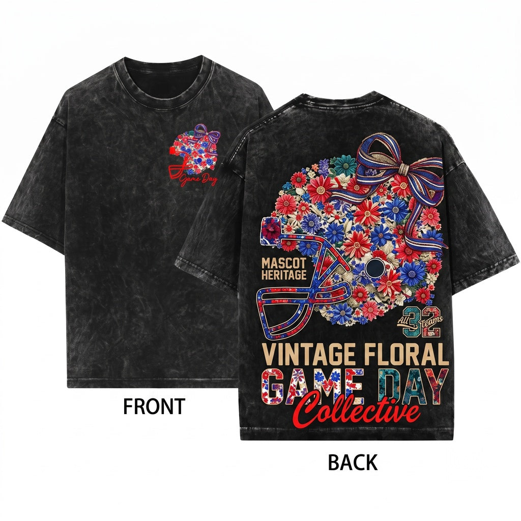 Floral Mascot Football Helmet Coquette Game Day Bow Touchdown Graphic Unisex Wash T-Shirt