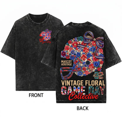 Floral Mascot Football Helmet Coquette Game Day Bow Touchdown Graphic Unisex Wash T-Shirt