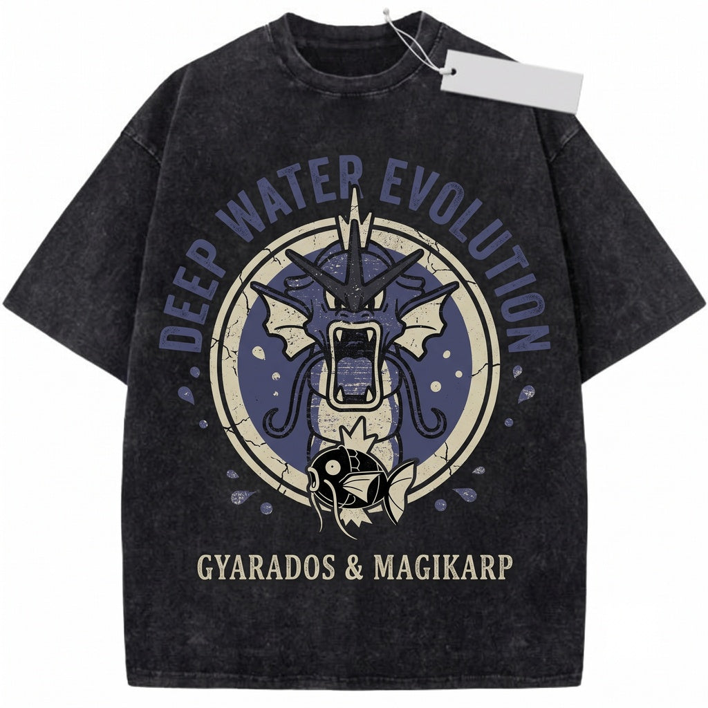 Gyarados Magikarp Vintage Wash Water Dragon Graphic Anime Streetwear Retro Oversized Gamer Gift Unisex TShirt
