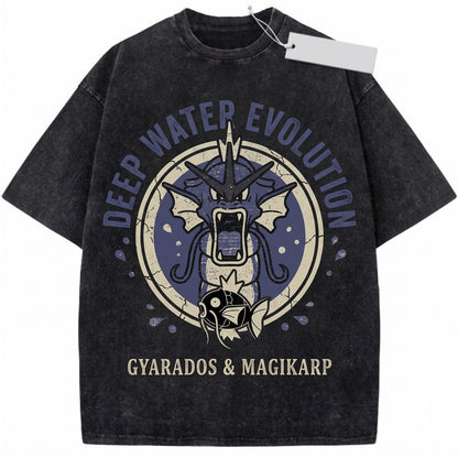 Gyarados Magikarp Vintage Wash Water Dragon Graphic Anime Streetwear Retro Oversized Gamer Gift Unisex TShirt