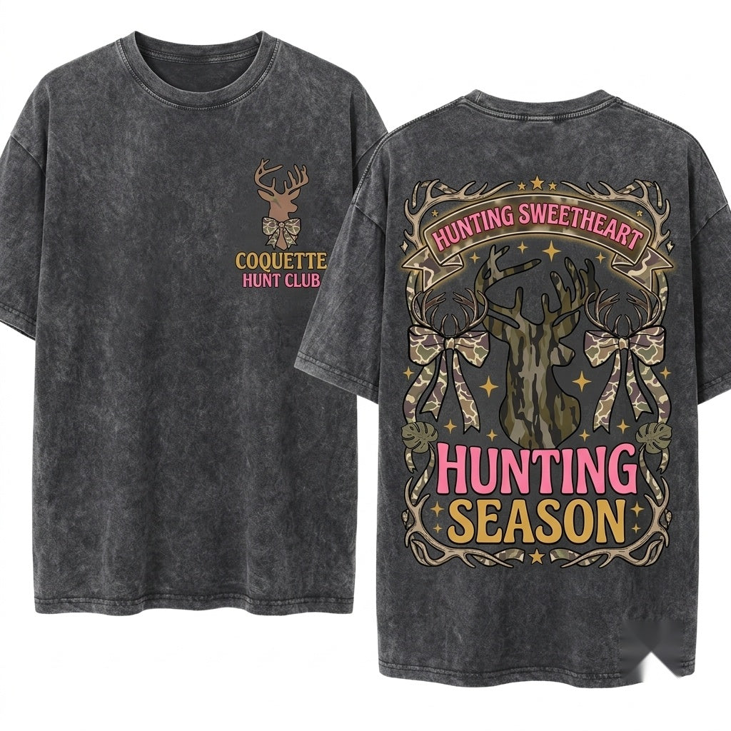 Preppy Coquette Distressed Deer Camo Bow Fall Hunting Season Unisex Wash T-Shirt