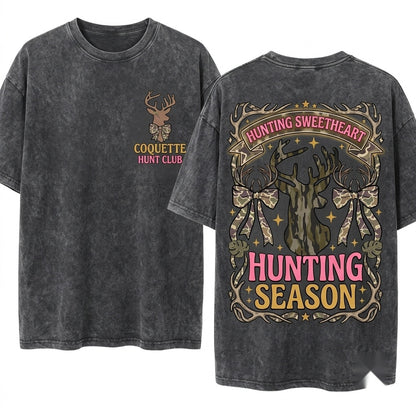 Preppy Coquette Distressed Deer Camo Bow Fall Hunting Season Unisex Wash T-Shirt