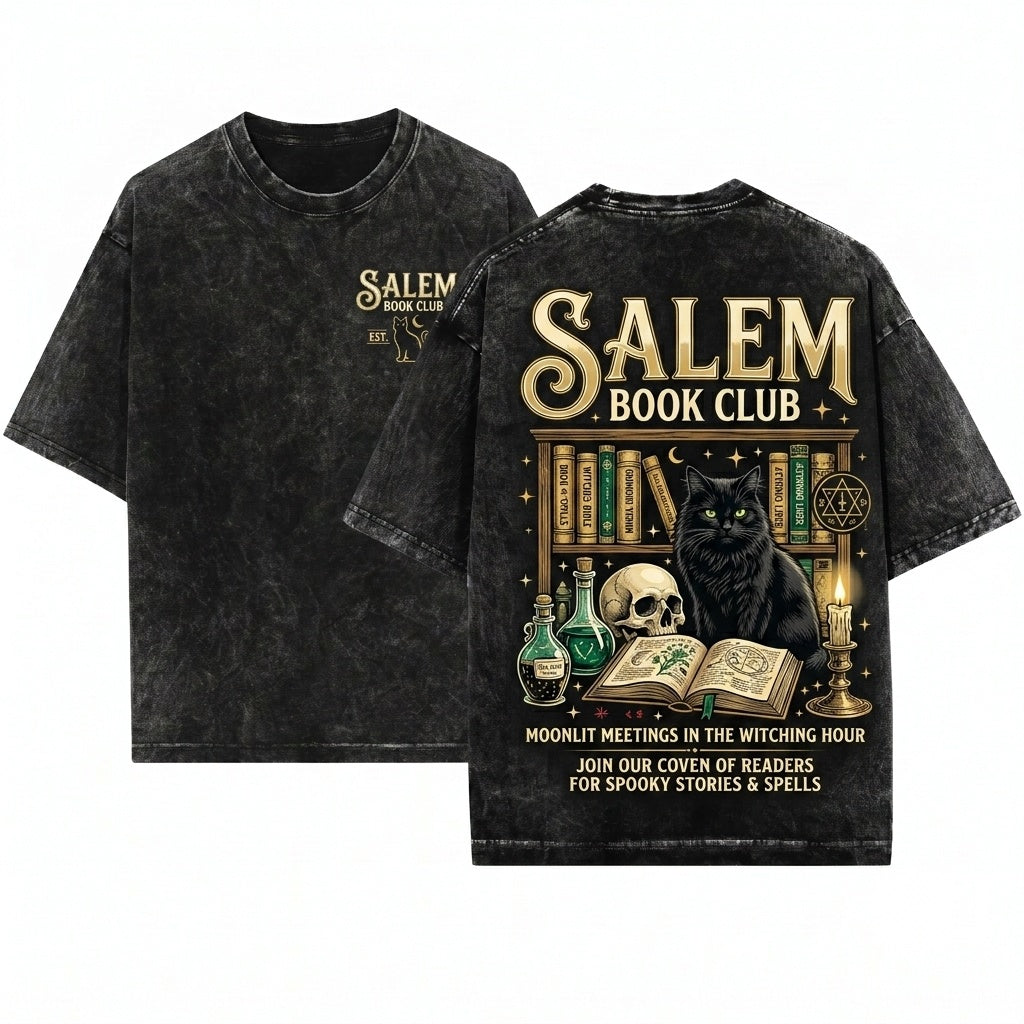 Vintage Salem Book Club Bookish Halloween Graphic Spooky Black Cat Witch Unisex Wash T-Shirt