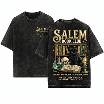 Vintage Salem Book Club Bookish Halloween Graphic Spooky Black Cat Witch Unisex Wash T-Shirt