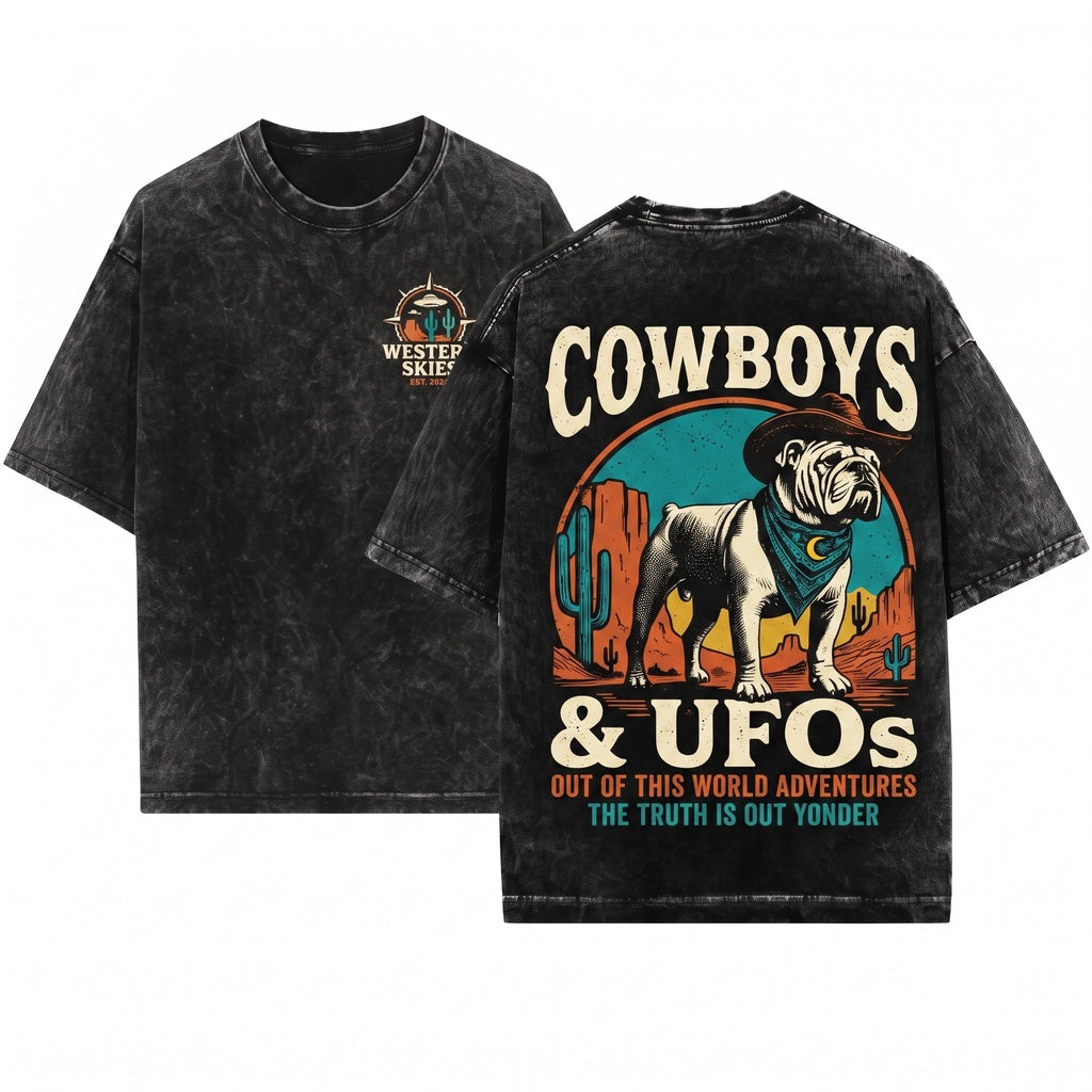 Vintage English Bulldog UFO Alien Space Western Cowboy Mom Dad Gift Unisex Wash T-Shirt
