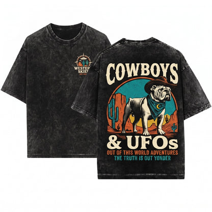 Vintage English Bulldog UFO Alien Space Western Cowboy Mom Dad Gift Unisex Wash T-Shirt