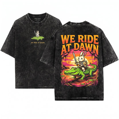 We Ride at Dawn Bunny Alligator Embroidered Funny Ren Faire Whimsical Animal Top Unisex Wash T-Shirt
