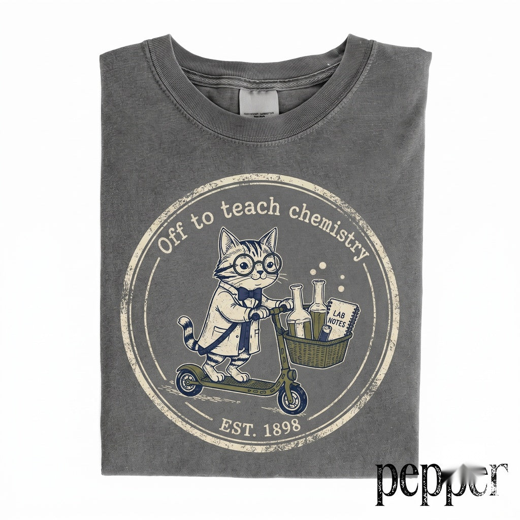 Science Cat Scooter Graphic Chemistry Teacher Laboratory Humor Nerdy Classroom Experiment Gift Apparel Unisex TShirt