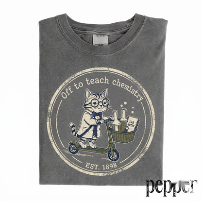 Science Cat Scooter Graphic Chemistry Teacher Laboratory Humor Nerdy Classroom Experiment Gift Apparel Unisex TShirt