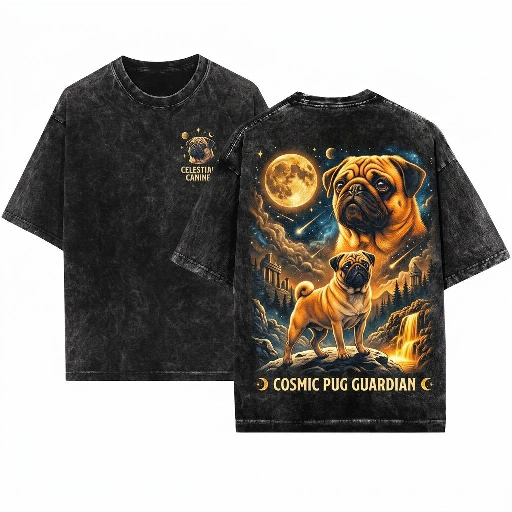 Vintage Pug Howling Moon Graphic Gift Retro Animal Silly Dog Unisex Wash T-Shirt