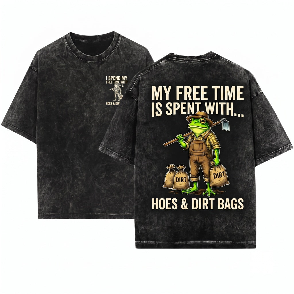 Funny Frog Gardening I Spend My Free Time With Hoes & Dirt Bags Plant Lover Humor Gift Unisex Wash T-Shirt