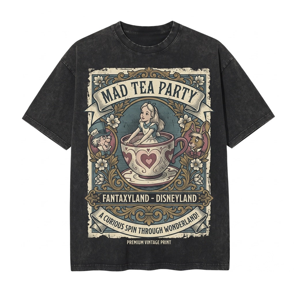 Oversized Alice in Wonderland Mad Hatter Tea Party Vacation Graphic Top, Vintage Fairy Tale Unisex TShirt