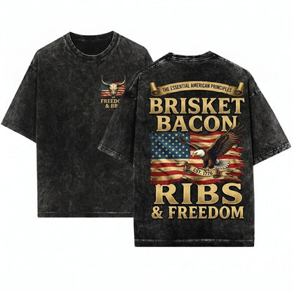 Brisket Bacon Ribs Freedom Funny BBQ Pitmaster Grilling Meat Smoker Gift Unisex Wash T-Shirt