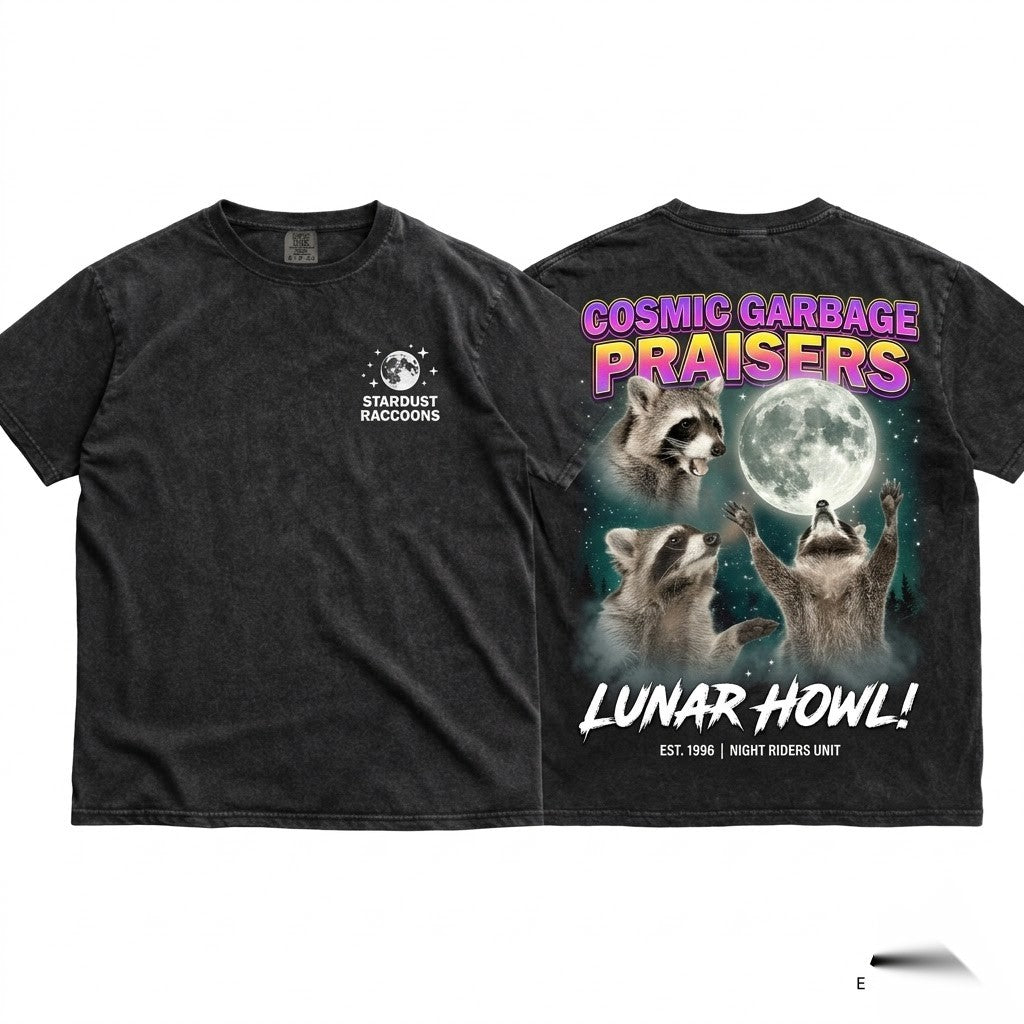 Three Raccoons Moon Vintage Graphic Oversized Retro Animal Lovers Gift Unisex Wash T-Shirt