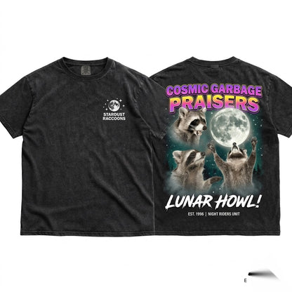 Three Raccoons Moon Vintage Graphic Oversized Retro Animal Lovers Gift Unisex Wash T-Shirt