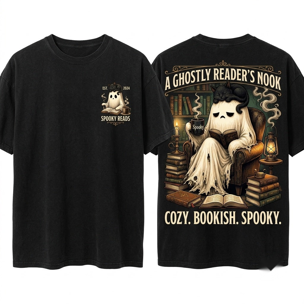 Cute Cozy Spooky Halloween Ghost Reading Book Black Cat Coffee Graphic Lover Gift Unisex Wash T-Shirt