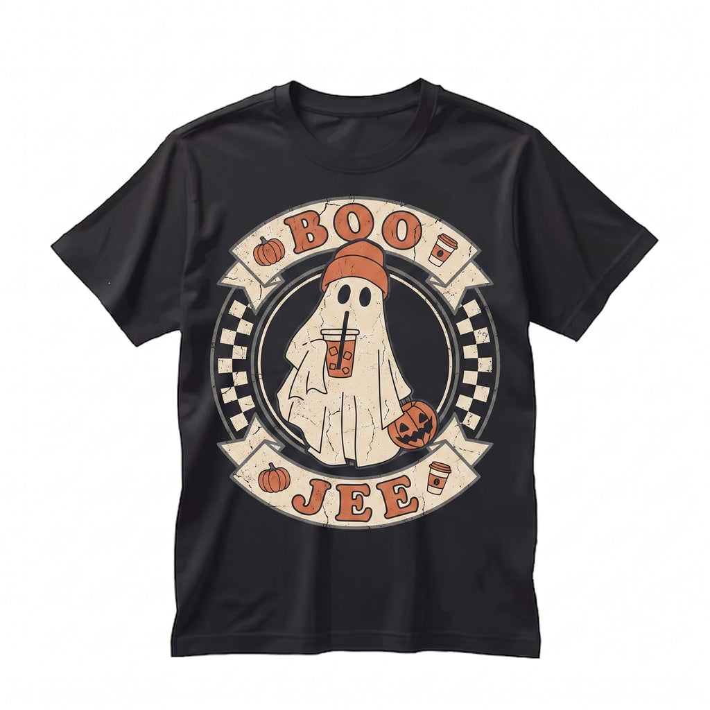 Boo-Jee Ghost Checkered Retro Halloween Fall Iced Coffee Drink Graphic Apparel Unisex TShirt