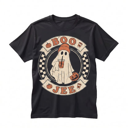 Boo-Jee Ghost Checkered Retro Halloween Fall Iced Coffee Drink Graphic Apparel Unisex TShirt