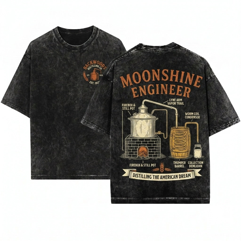 Moonshine Patent Vintage Engineer Blueprint Drawing Graphic Unisex Wash T-Shirt