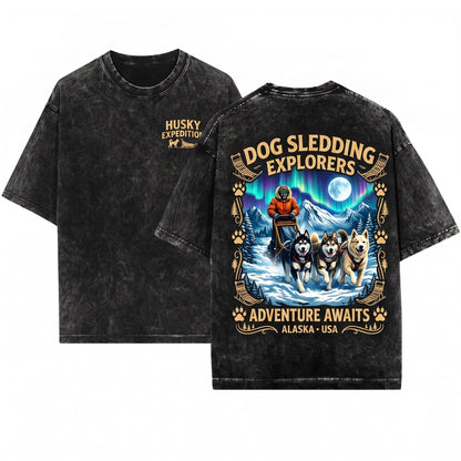 Husky Dog Sledding Winter Northern Lights Mountain Wilderness Adventure Lover Gift Unisex Wash T-Shirt