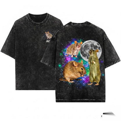 Retro Graphic Three Sewer Rat Moon Vintage Oversized Funny Unisex Wash T-Shirt