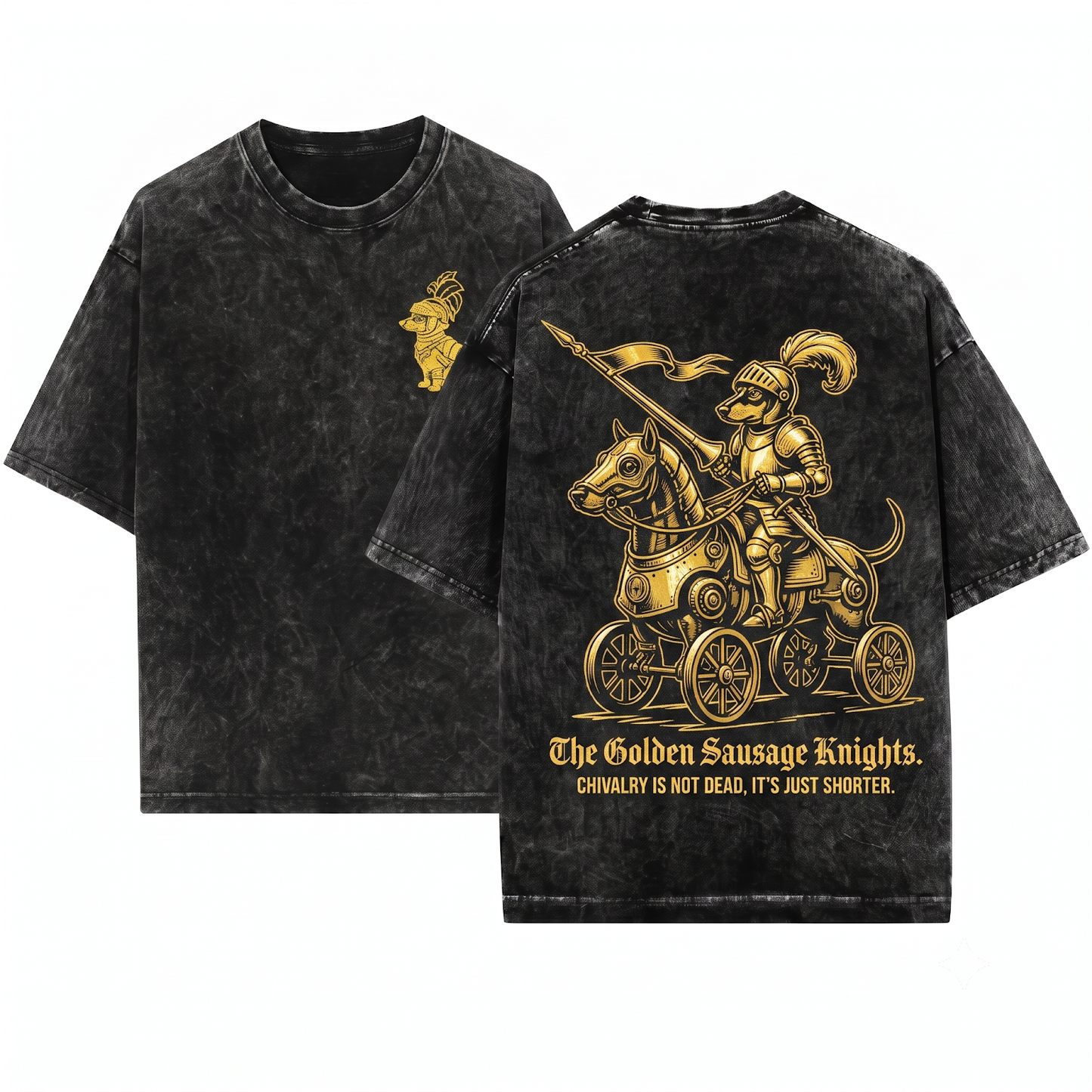 Dachshund Medieval Knight Graphic Tee Funny Armor Weenie Dog Vintage Style Apparel Quirky Historical Pet Lover Gift Unisex Heavyweight Garment-Dyed T-Shirt