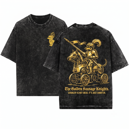 Dachshund Medieval Knight Graphic Tee Funny Armor Weenie Dog Vintage Style Apparel Quirky Historical Pet Lover Gift Unisex Heavyweight Garment-Dyed T-Shirt
