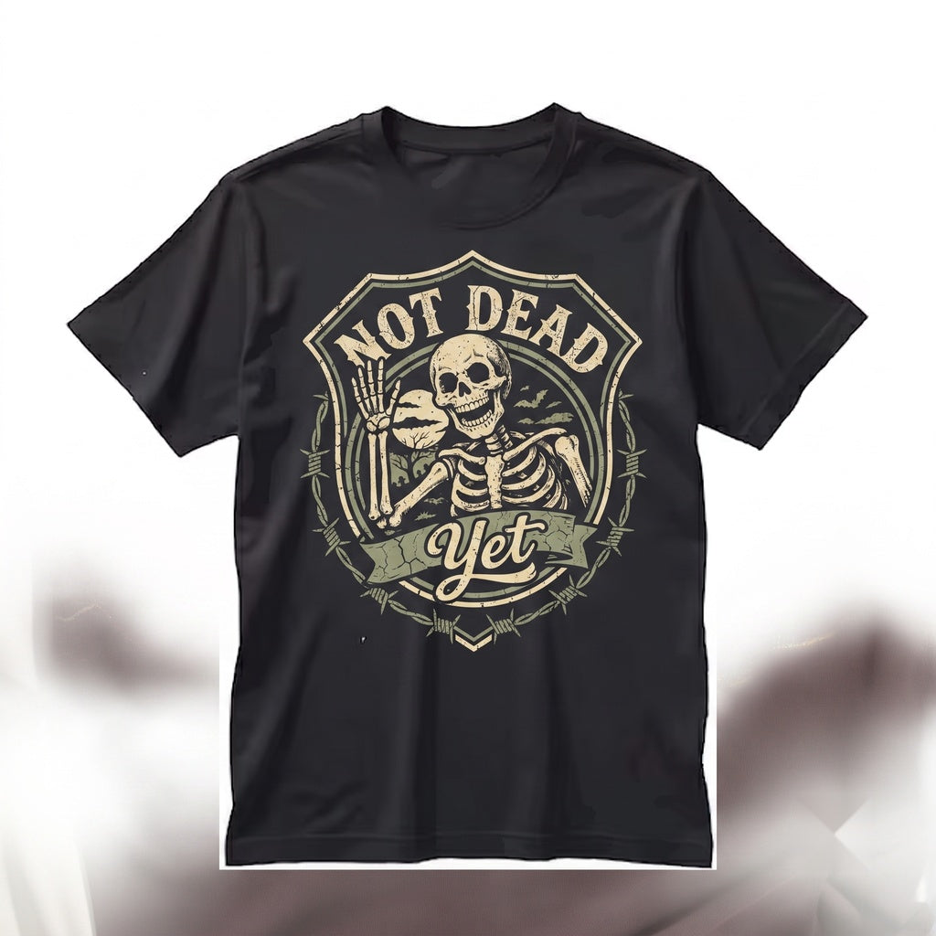 Funny Not Dead Yet Skeleton Skull Graphic - Distressed Gothic Vintage Spooky Halloween Undead Cool Humor Unisex TShirt