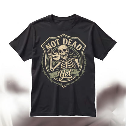 Funny Not Dead Yet Skeleton Skull Graphic - Distressed Gothic Vintage Spooky Halloween Undead Cool Humor Unisex TShirt