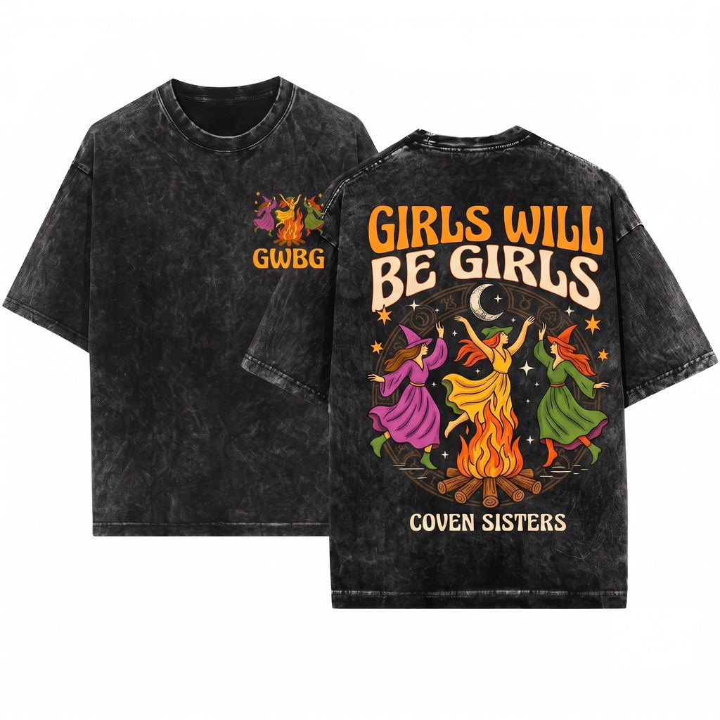 Girls Will Be Retro Dancing Witch Bonfire Spooky Halloween Comfort Colors Unisex Wash T-Shirt