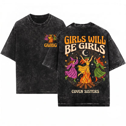 Girls Will Be Retro Dancing Witch Bonfire Spooky Halloween Comfort Colors Unisex Wash T-Shirt