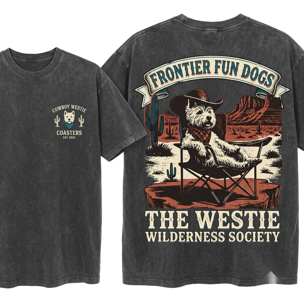 Vintage Retro Western Cowboy Westie Alien UFO Dog Lovers Gift Mom Dad Unisex Wash T-Shirt