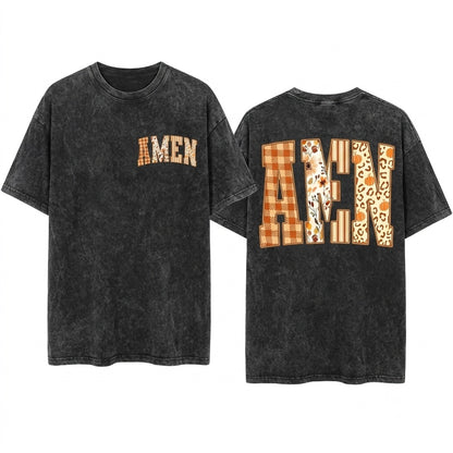 Vintage Christian Amen Jesus Faith Bible Verses Faux Embroidery Autumn Fall Thanksgiving Unisex Wash T-Shirt