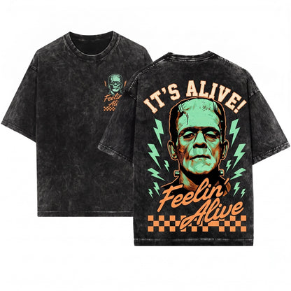 Feelin Alive Frankenstein Retro Monster Graphic Halloween Spooky Unisex Wash T-Shirt