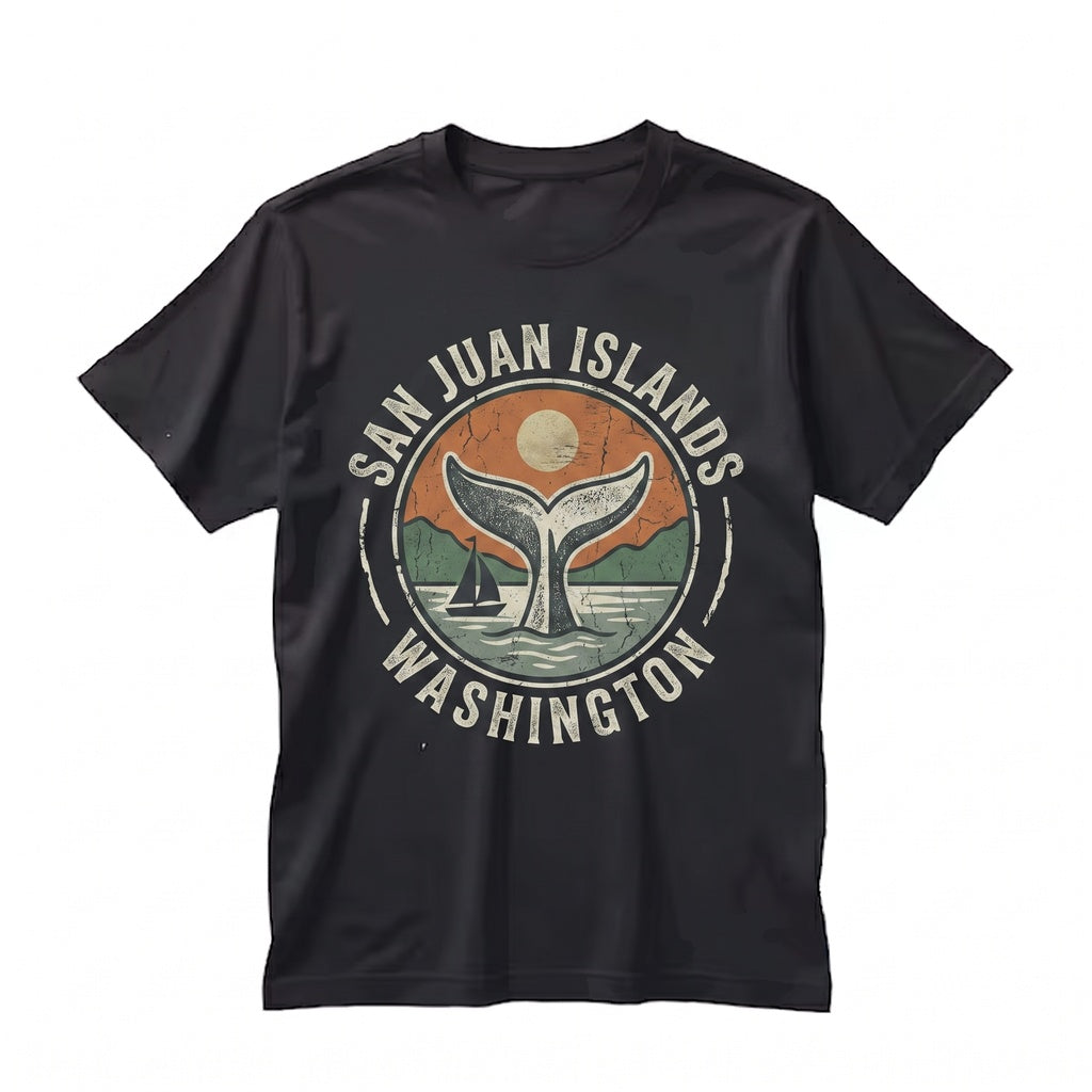 San Juan Islands Washington State Embroidered Sailboat Orca Whale Coastal Nature Lover Souvenir Gift Unisex TShirt