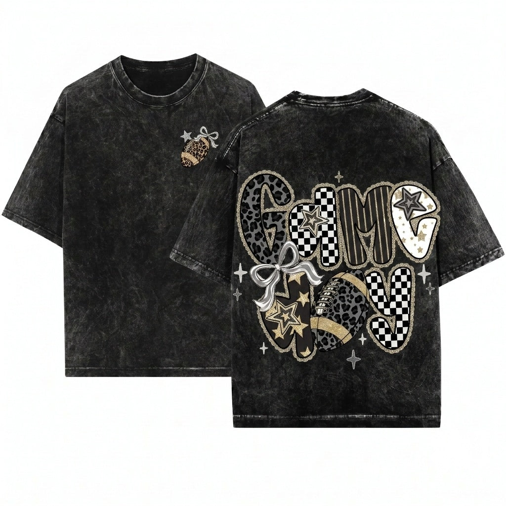 Preppy Lace Game Day Football Black White Checkered Star Leopard Touch Down Season Graphic Unisex Wash T-Shirt