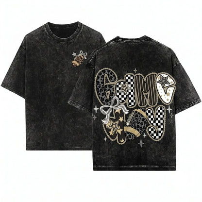 Preppy Lace Game Day Football Black White Checkered Star Leopard Touch Down Season Graphic Unisex Wash T-Shirt