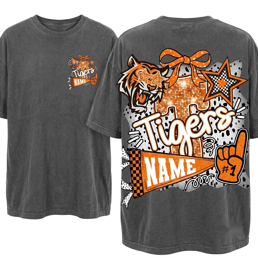 Custom Tigers Mascot Coquette School Spirit Football Game Day Touchdown Team PNG Unisex Wash T-Shirt
