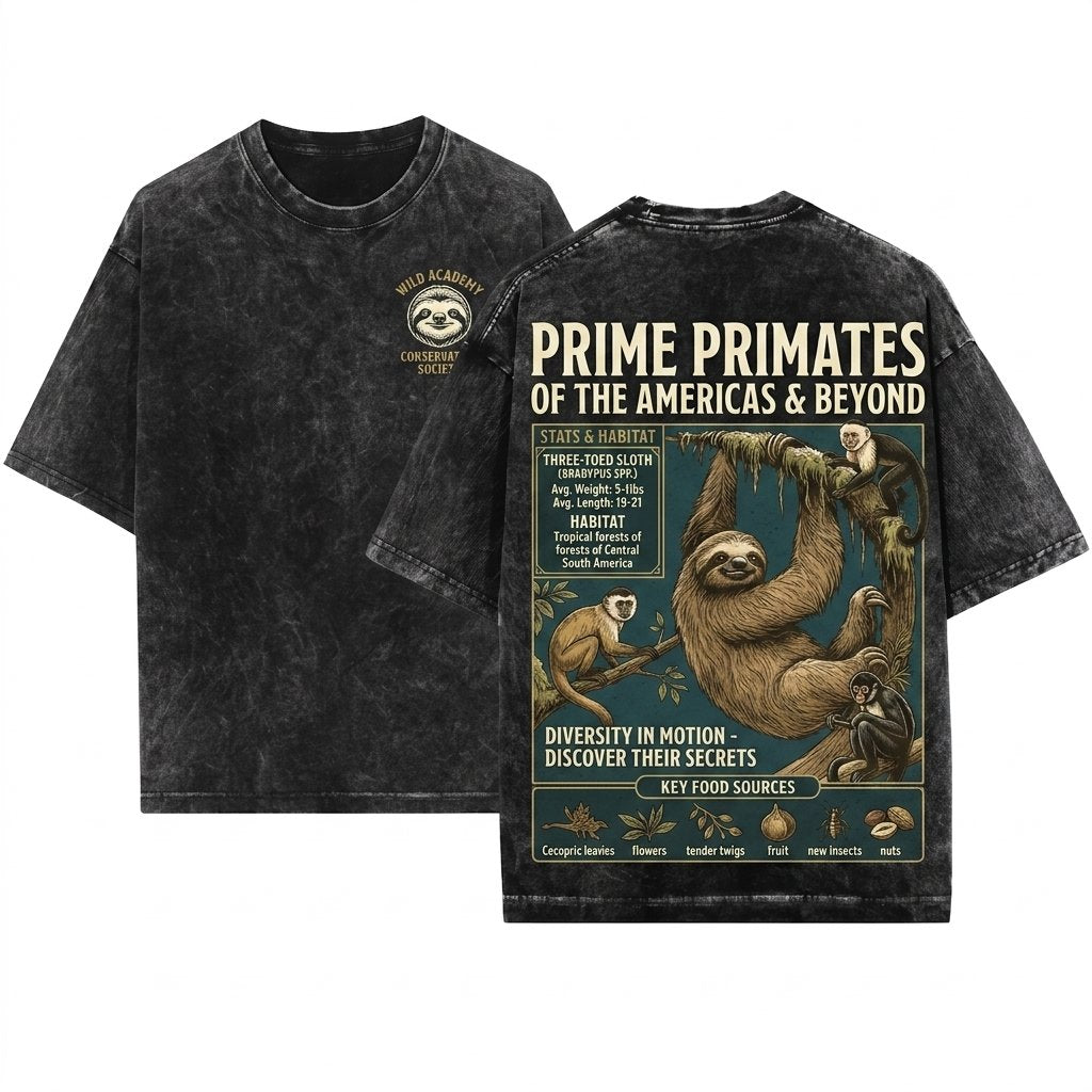 Three-Toed Sloth Vintage Wildlife Graphic Nature Lover Gift Cute Animal Tropical Forest Art Slow Living Unisex Wash T-Shirt