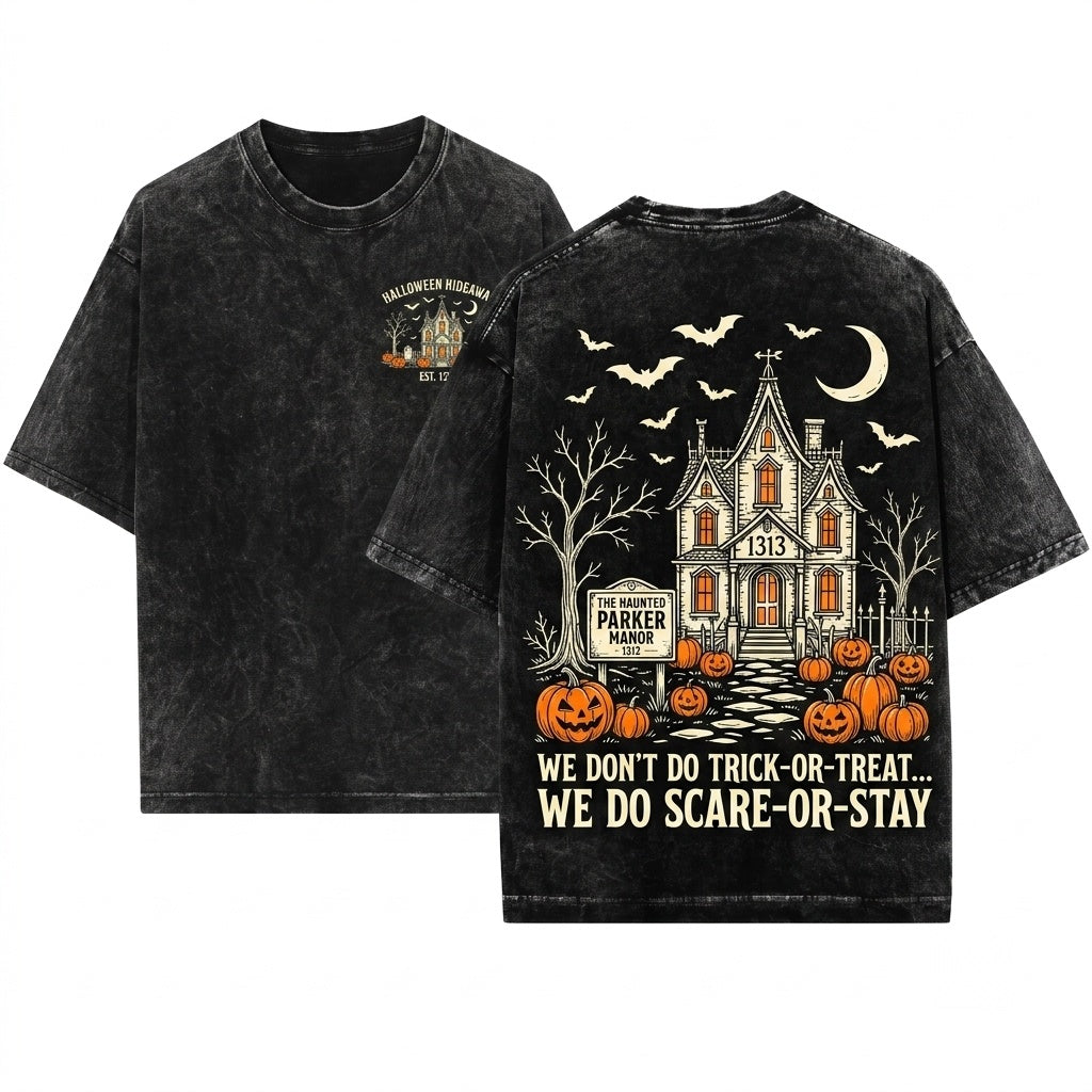 Custom Personalized Haunted Gothic House Number Embroidered Spooky Halloween Family Name Gift Unisex Wash T-Shirt