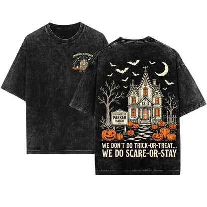 Custom Personalized Haunted Gothic House Number Embroidered Spooky Halloween Family Name Gift Unisex Wash T-Shirt