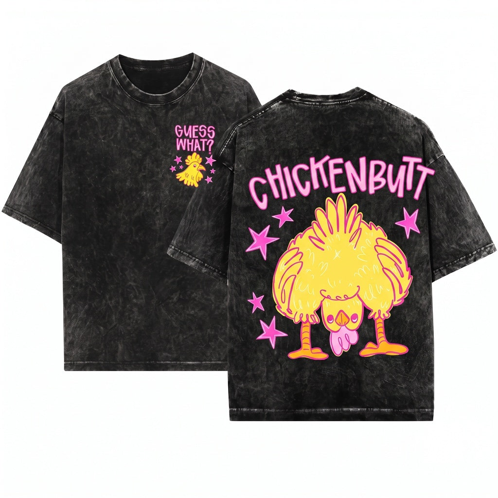 Guess What Chicken Butt Funny Meme Two Sided Front Back Animal Gen Z Humor Oversized Unisex Wash T-Shirt
