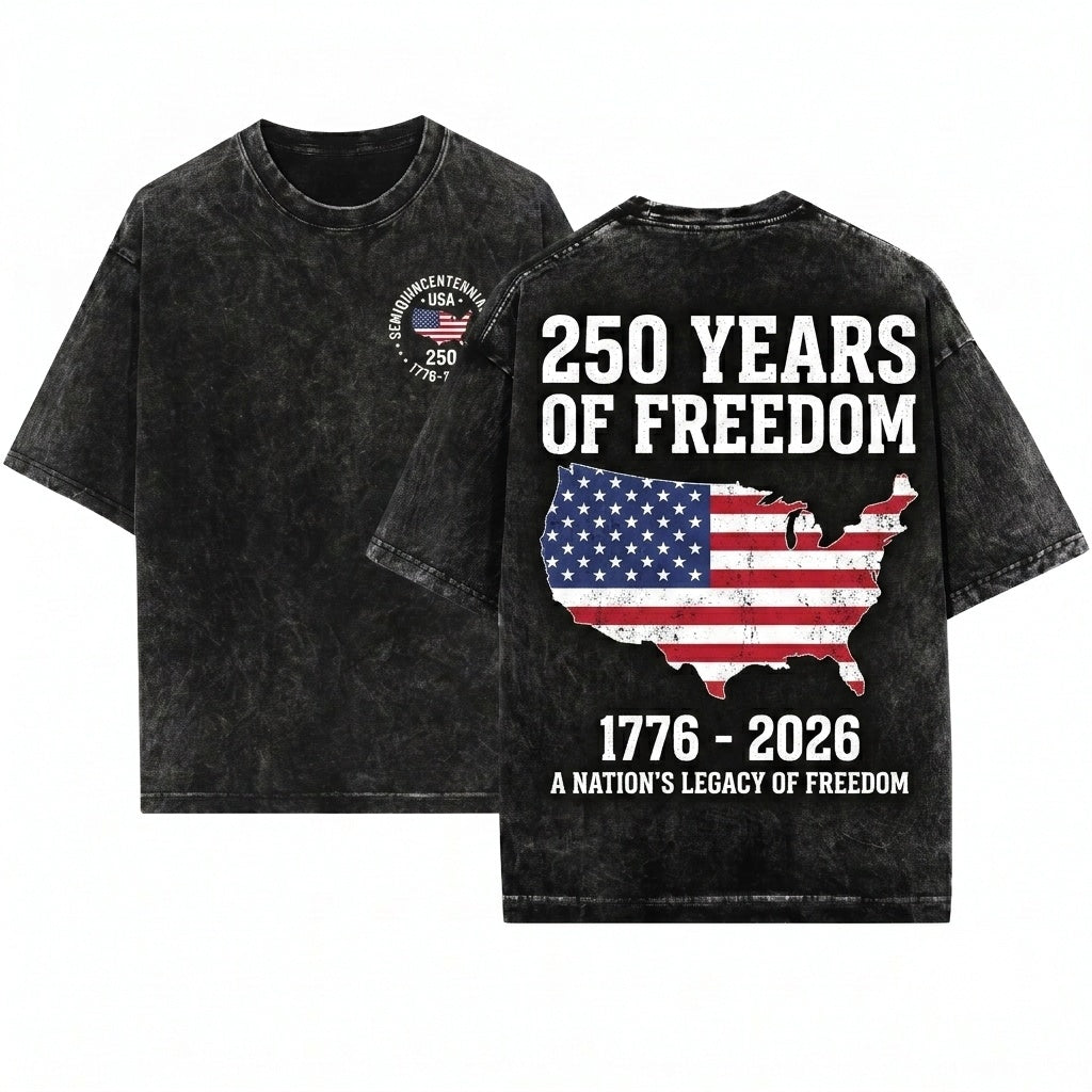 250 Years Freedom 1776-2026 Patriotic America Anniversary Fourth Of July USA Flag Unisex Wash T-Shirt