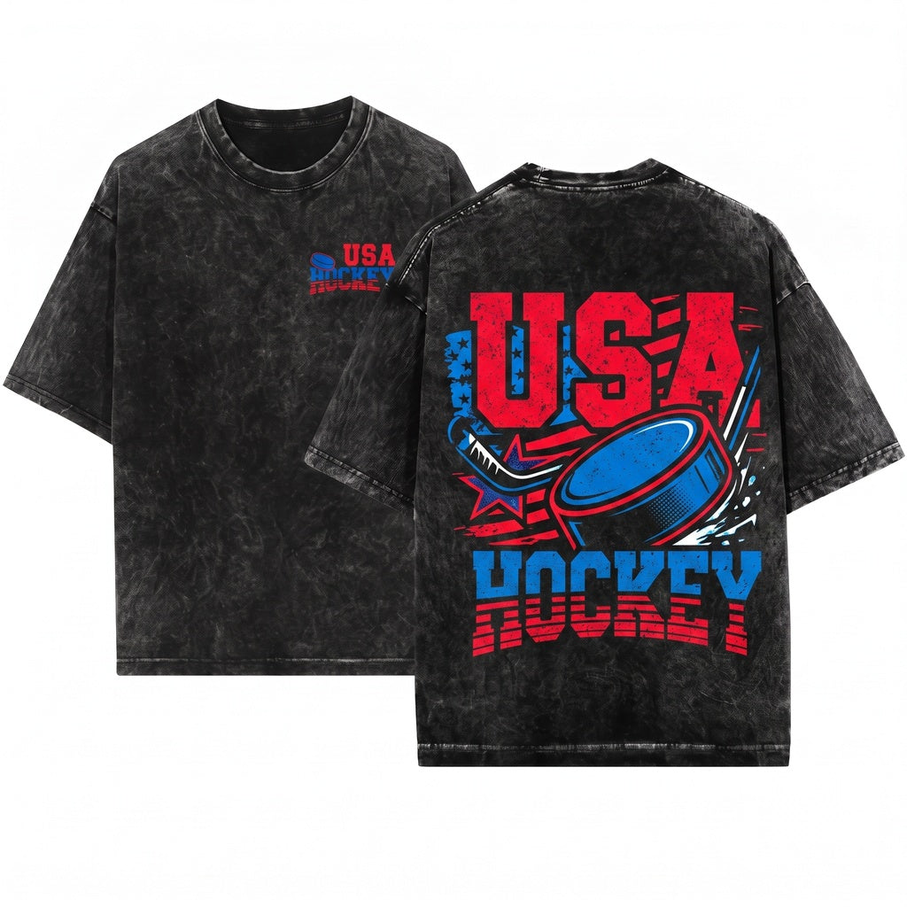 Vintage USA Patriotic America Hockey Sports Unisex Wash T-Shirt