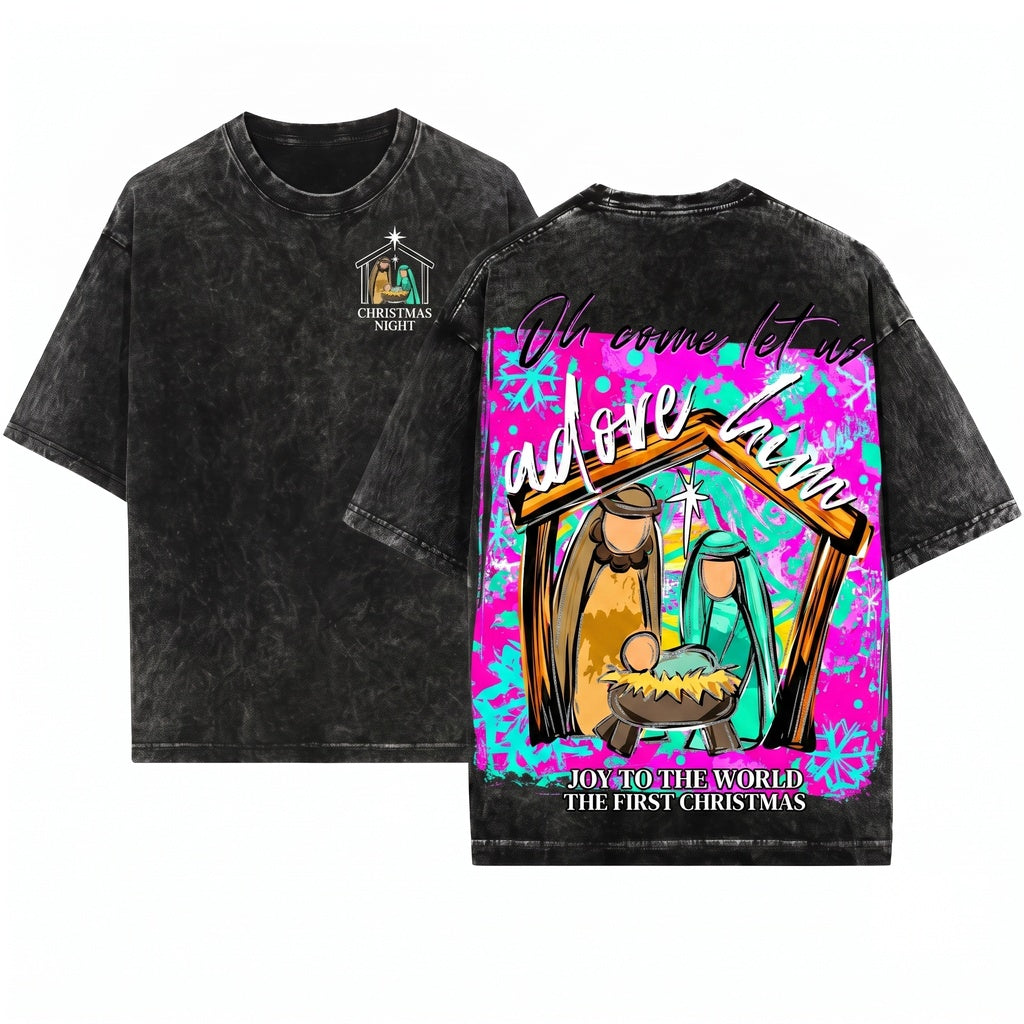 Colorful Distressed Christian Jesus Nativity Scene Oh Come Let Us Adore Him Christmas Unisex Wash T-Shirt