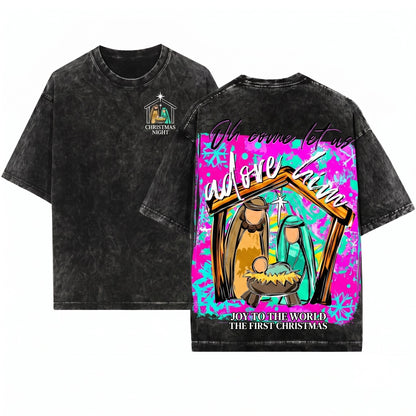 Colorful Distressed Christian Jesus Nativity Scene Oh Come Let Us Adore Him Christmas Unisex Wash T-Shirt