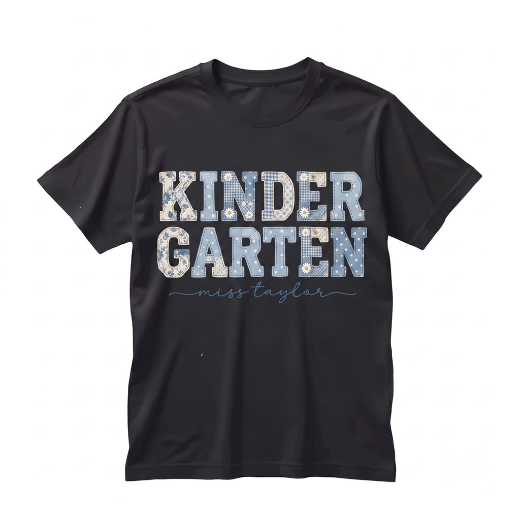 Custom Kindergarten Teacher First Day Kinder Matching Group Floral Blue Faux Patchwork Educator Back to School Unisex TShirt