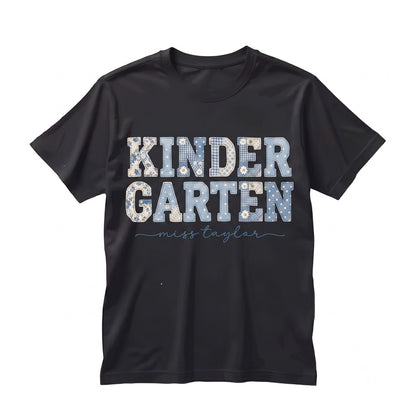 Custom Kindergarten Teacher First Day Kinder Matching Group Floral Blue Faux Patchwork Educator Back to School Unisex TShirt