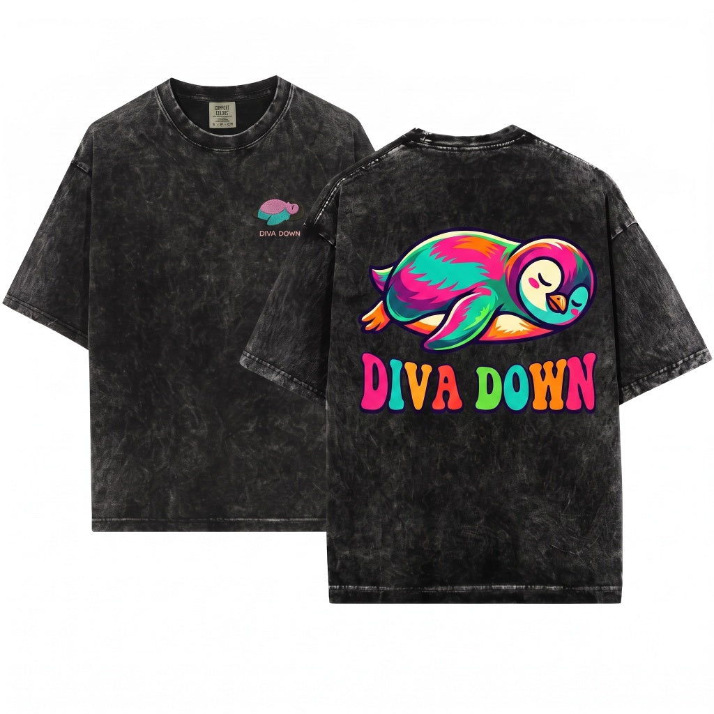 Diva Down Funny Penguin Embroidered Cute Animal Unisex Wash T-Shirt